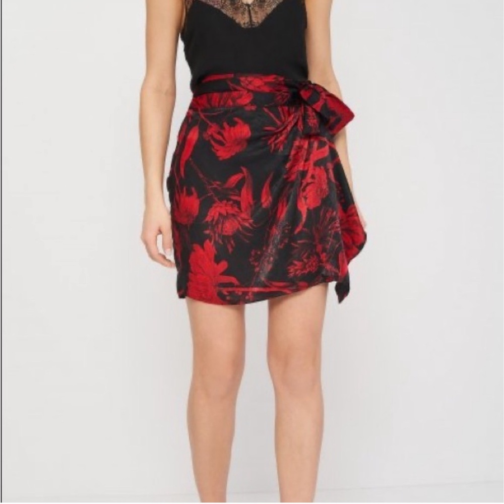 Zara Floral Print Red & Black Wrap Style Satin Skirt